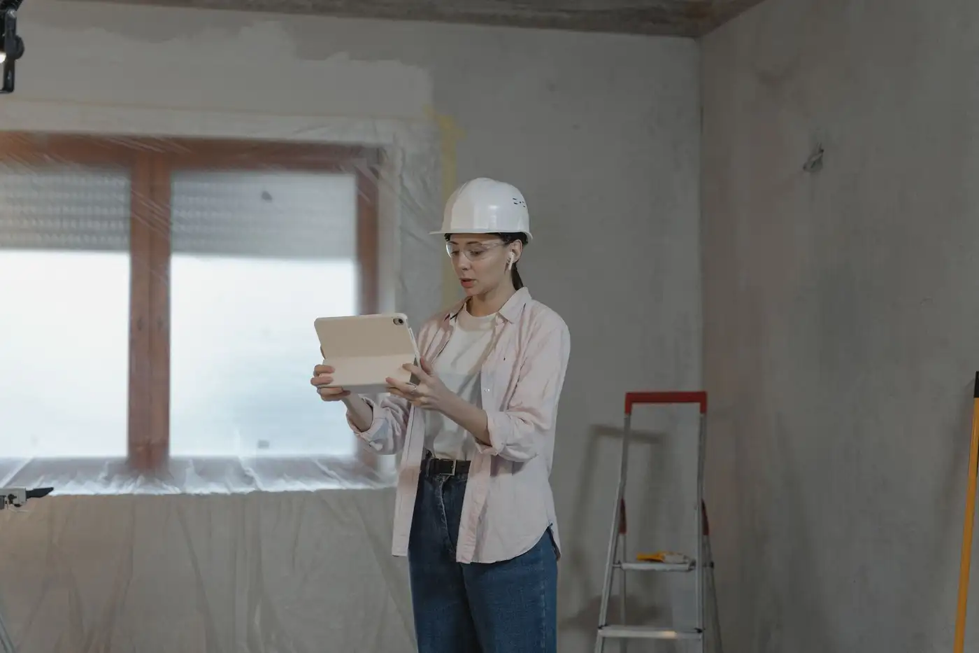 A site supervisor checking a tablet inside a room still under work.