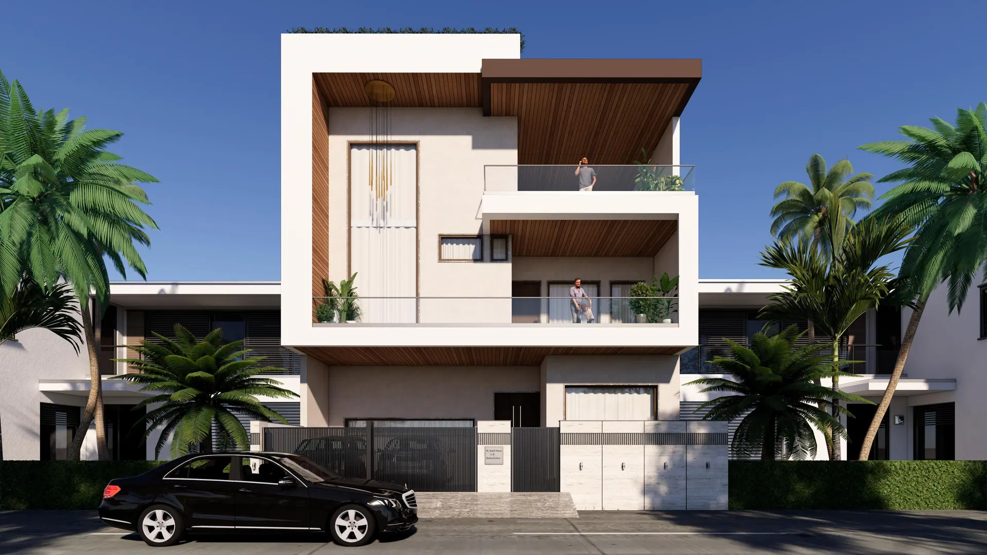 Design render of a modern three-storey house: a white frame, timber soffits and palms along the street