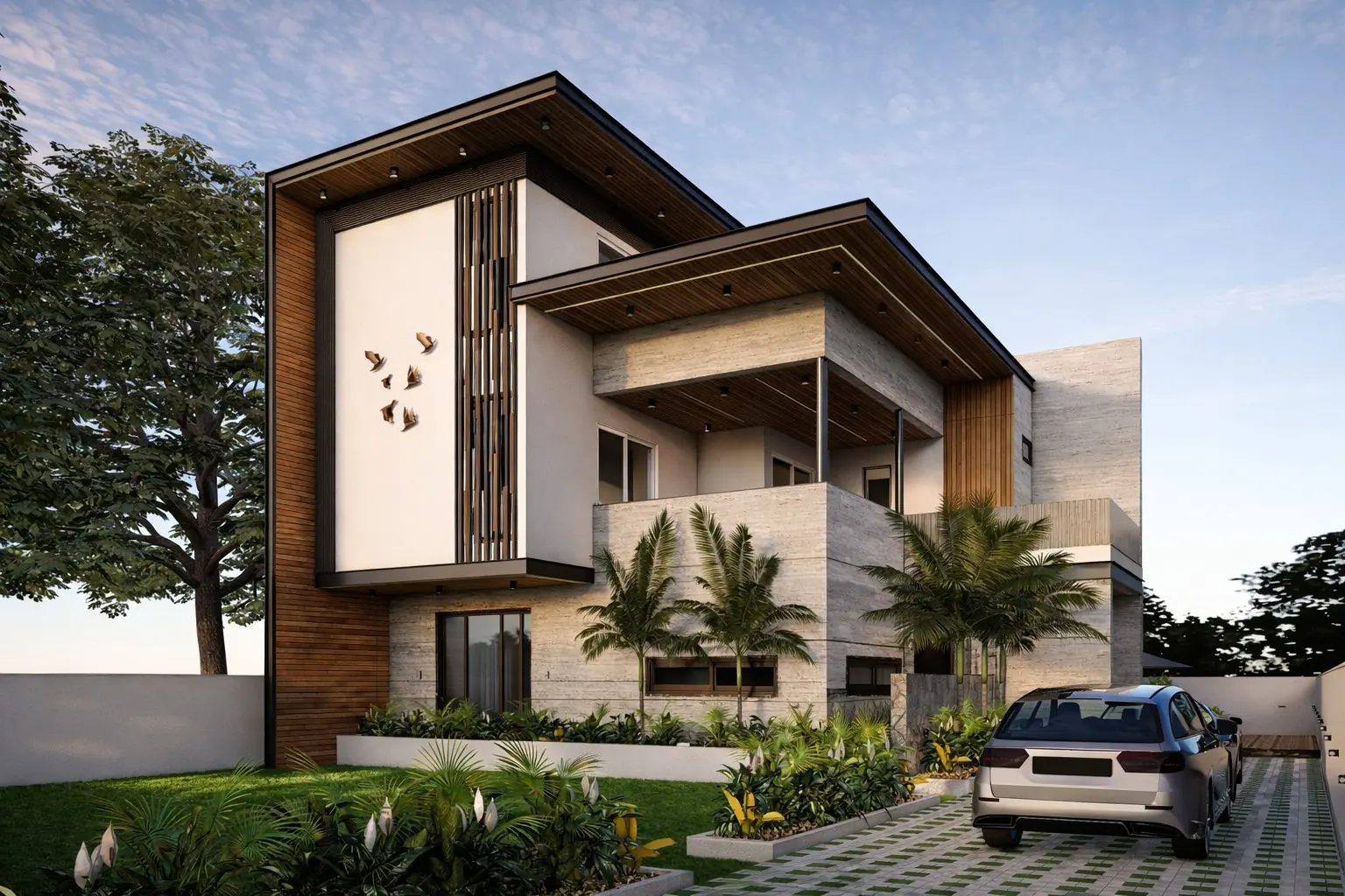 Design render of a two-storey house with a timber-framed upper floor, stone cladding and palms.
